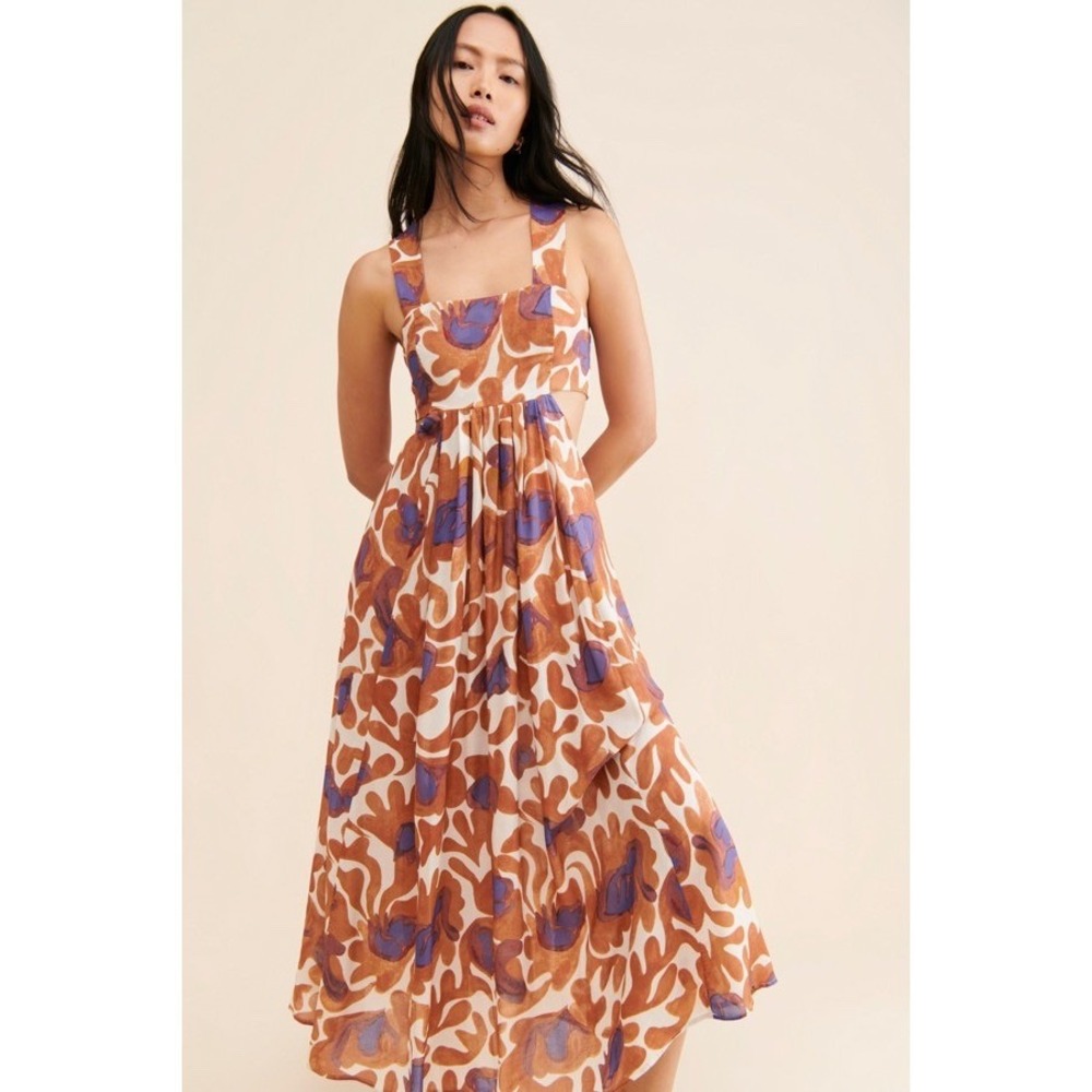 Anthropologie Dress Womens Medium Brown Floral Square Neck Cutout Maxi Sundress
